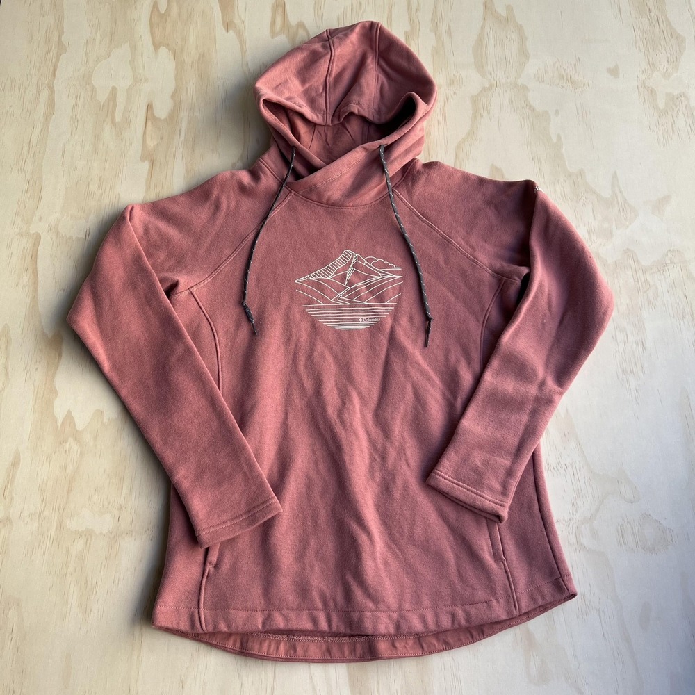 Columbia Hoodie Womens Small Pink Mountain Graphic Fleece Pullover Hiking